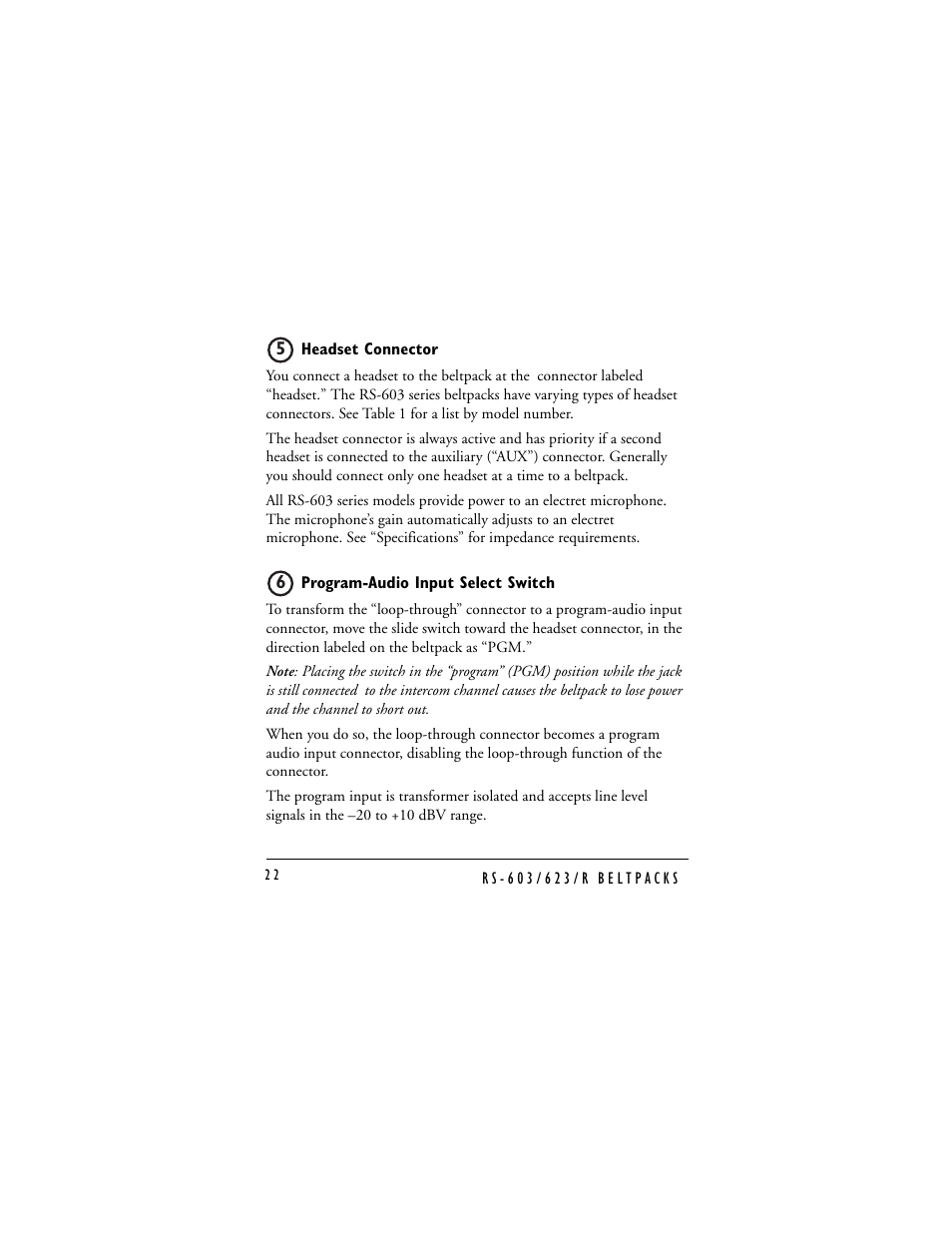 Headset connector, Program-audio input select switch | Clear-Com RS-603 (No longer available) User Manual | Page 24 / 58