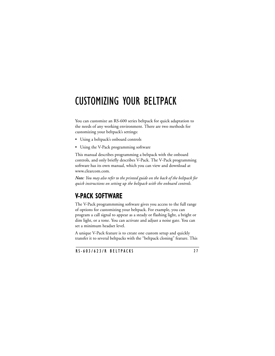 Customizing your beltpack, V-pack software | Clear-Com RS-603 (No longer available) User Manual | Page 29 / 58