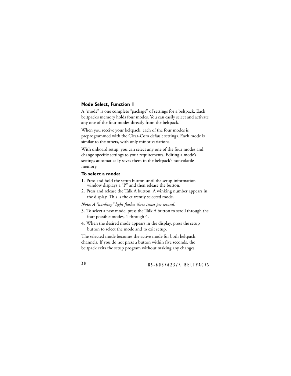 Mode select, function 1 | Clear-Com RS-603 (No longer available) User Manual | Page 32 / 58