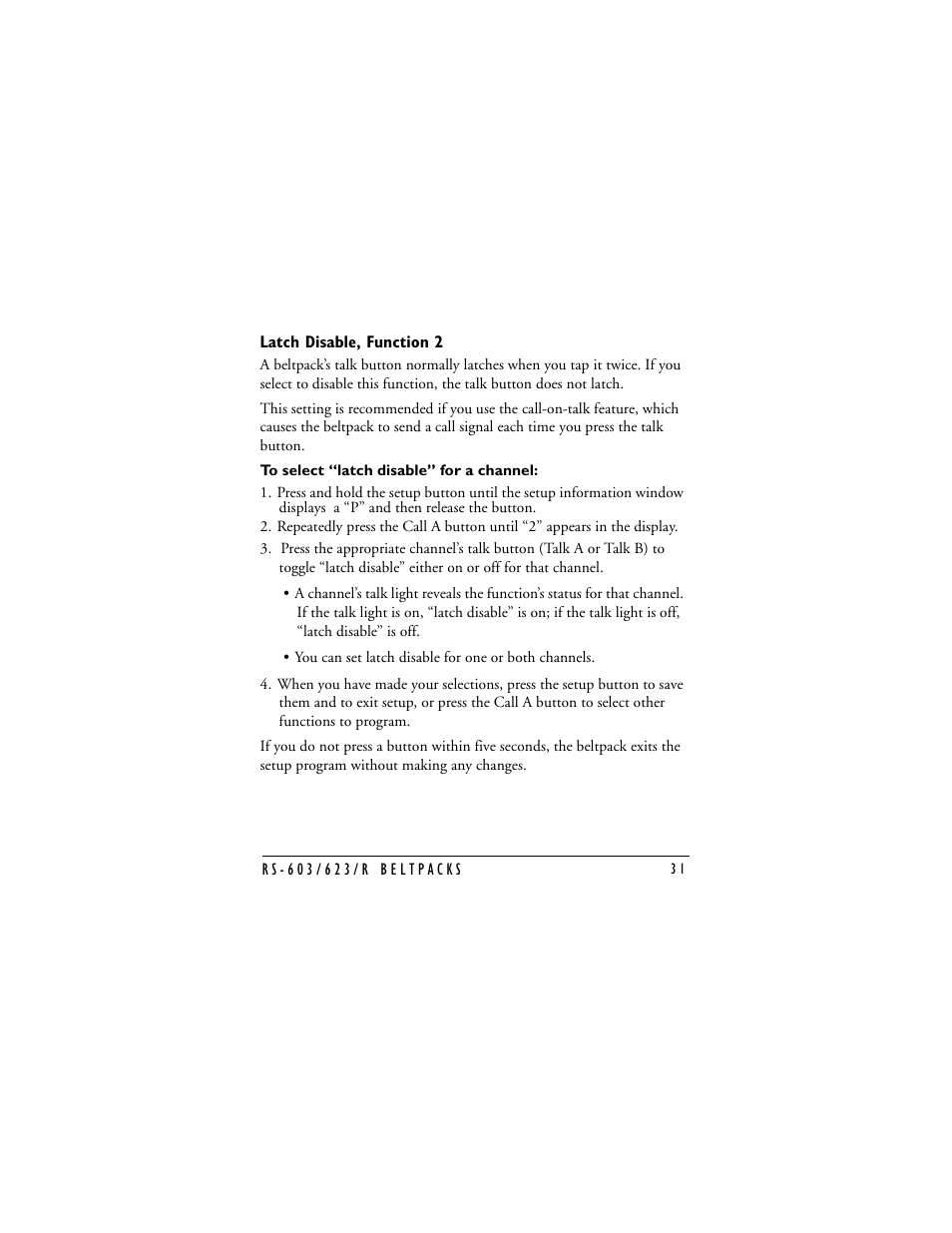 Latch disable, function 2, Latch disable | Clear-Com RS-603 (No longer available) User Manual | Page 33 / 58