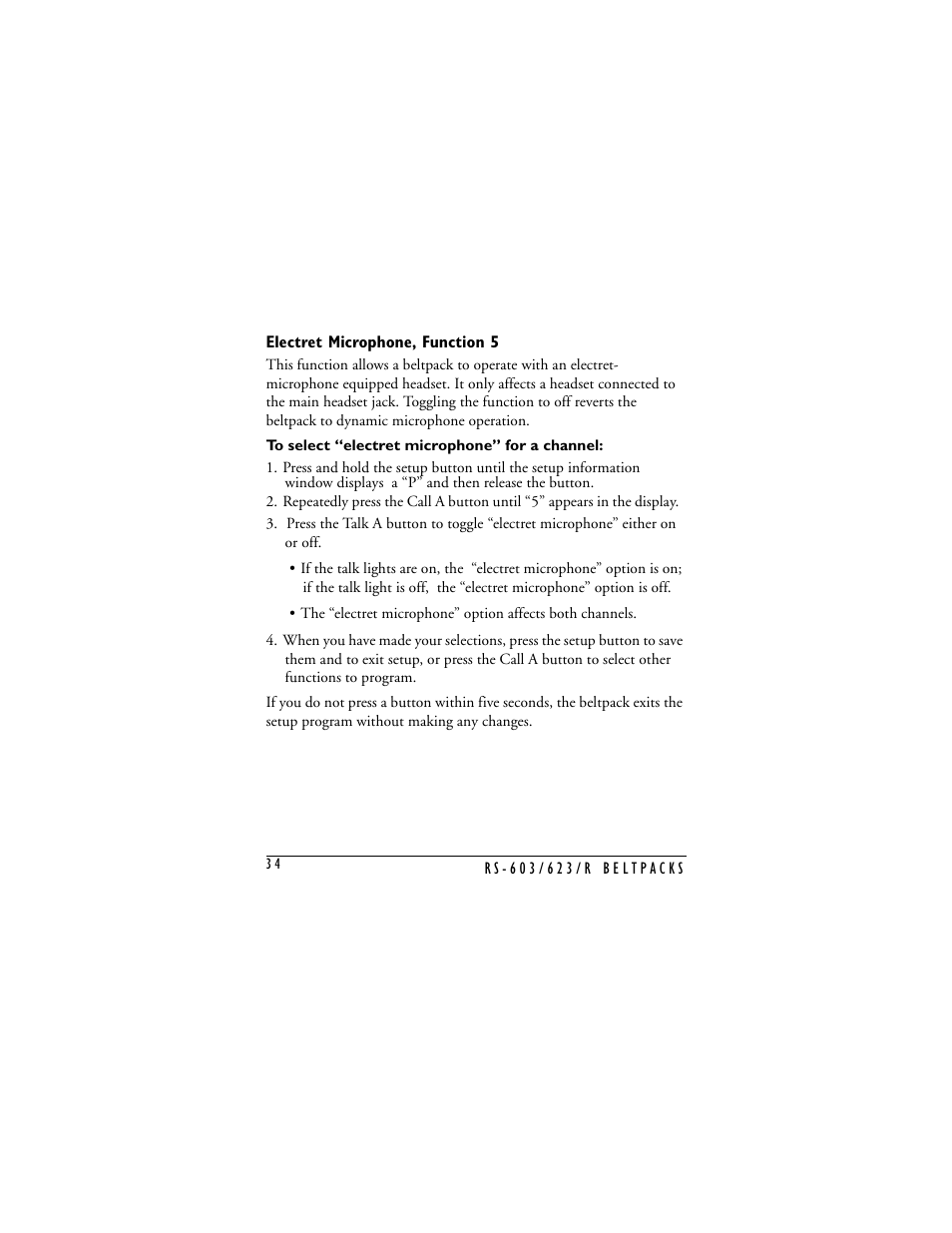 Electret microphone, function 5, Electret microphone | Clear-Com RS-603 (No longer available) User Manual | Page 36 / 58