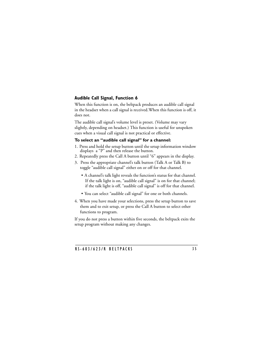 Audible call signal, function 6, Audible call signal | Clear-Com RS-603 (No longer available) User Manual | Page 37 / 58