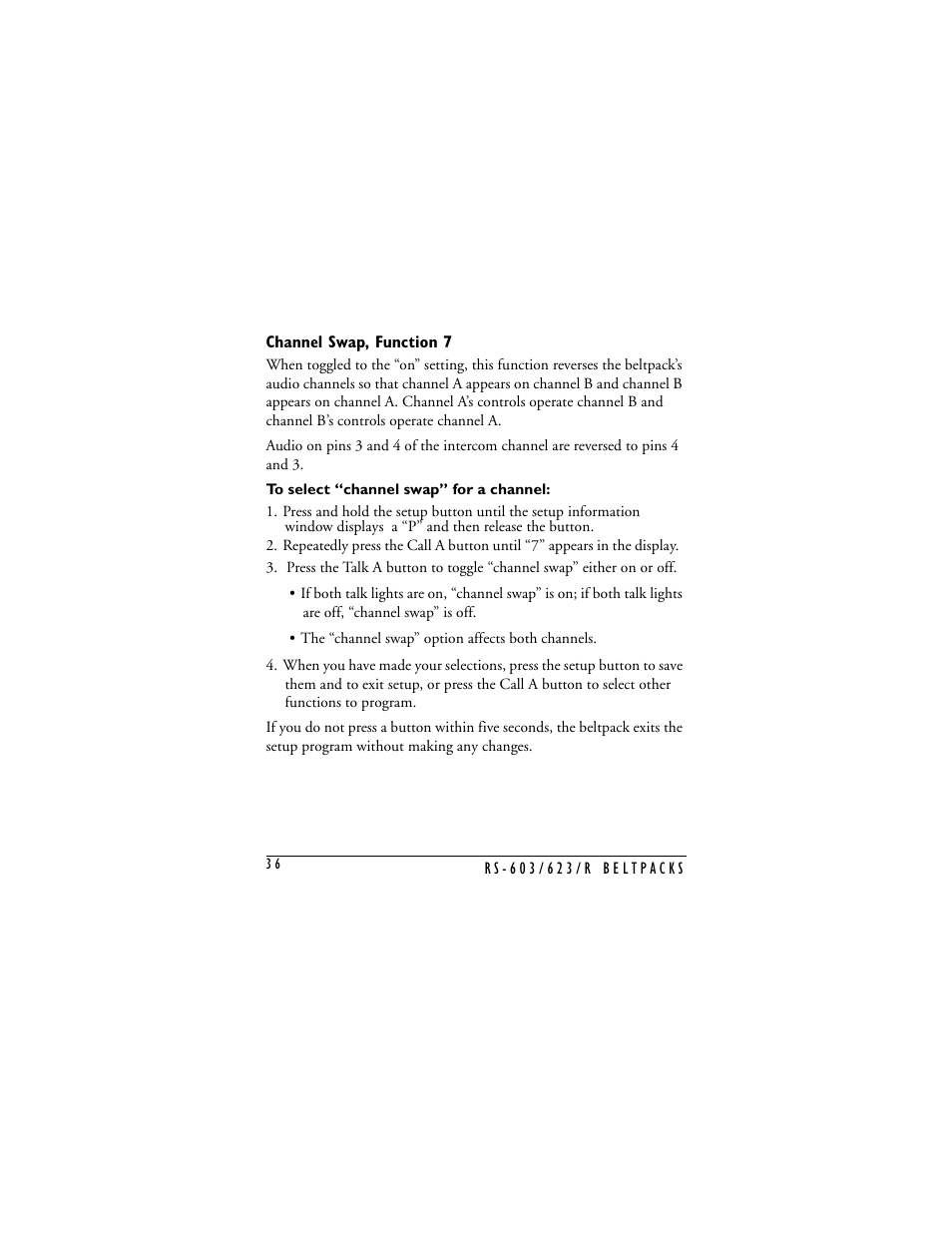 Channel swap, function 7, Channel swap | Clear-Com RS-603 (No longer available) User Manual | Page 38 / 58