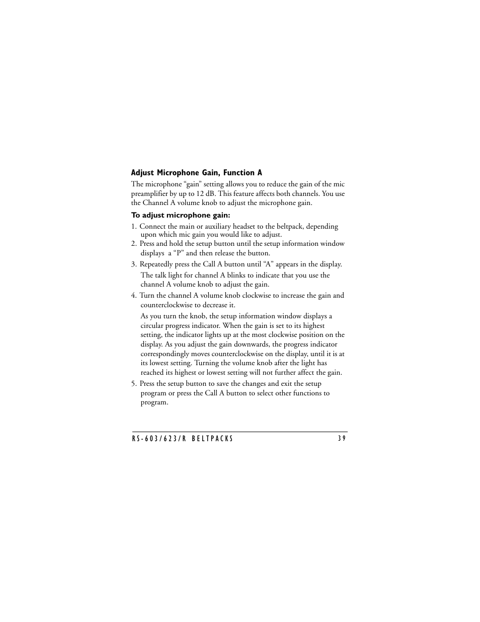 Adjust microphone gain, function a, Adjust microphone gain | Clear-Com RS-603 (No longer available) User Manual | Page 41 / 58