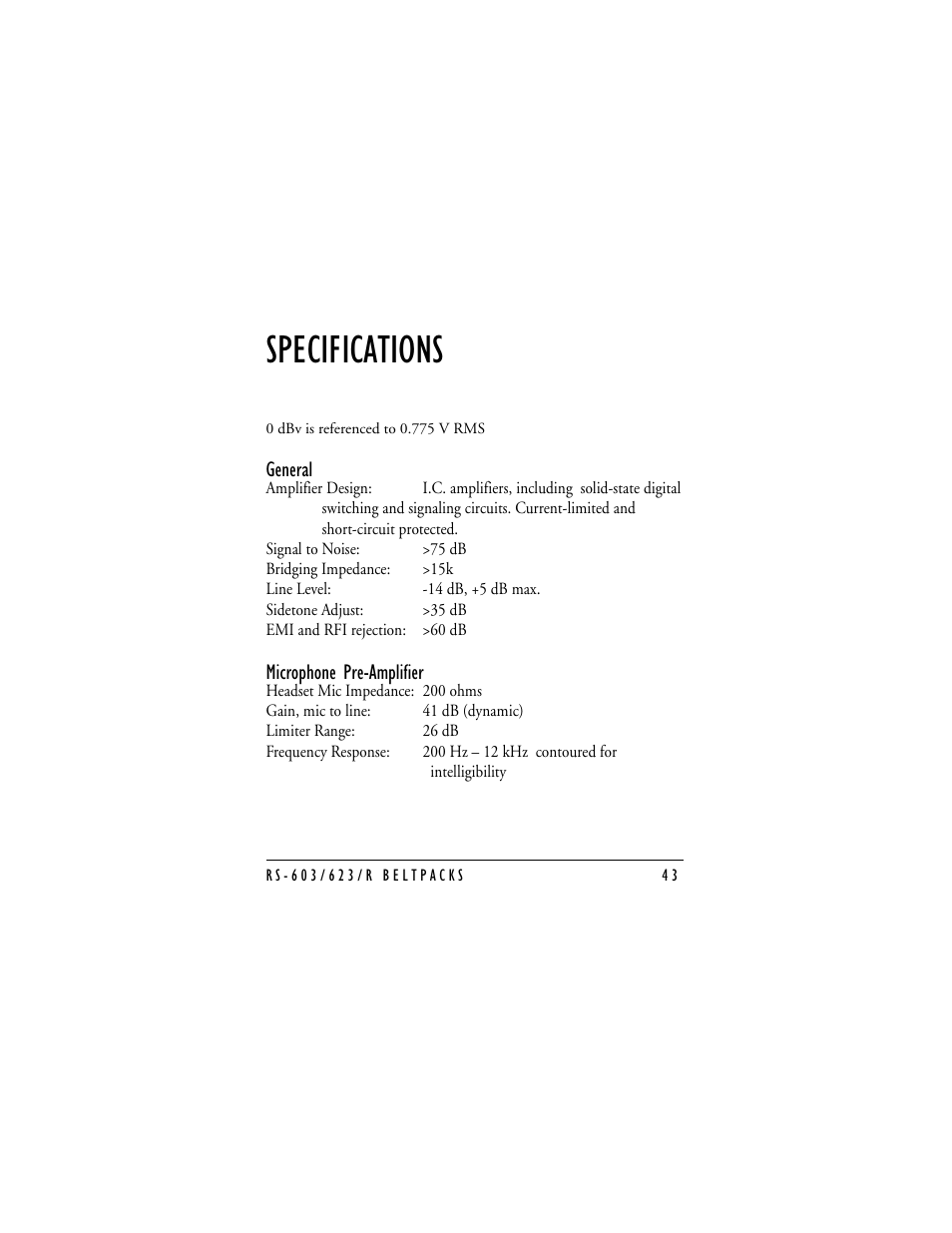 Specifications | Clear-Com RS-603 (No longer available) User Manual | Page 45 / 58