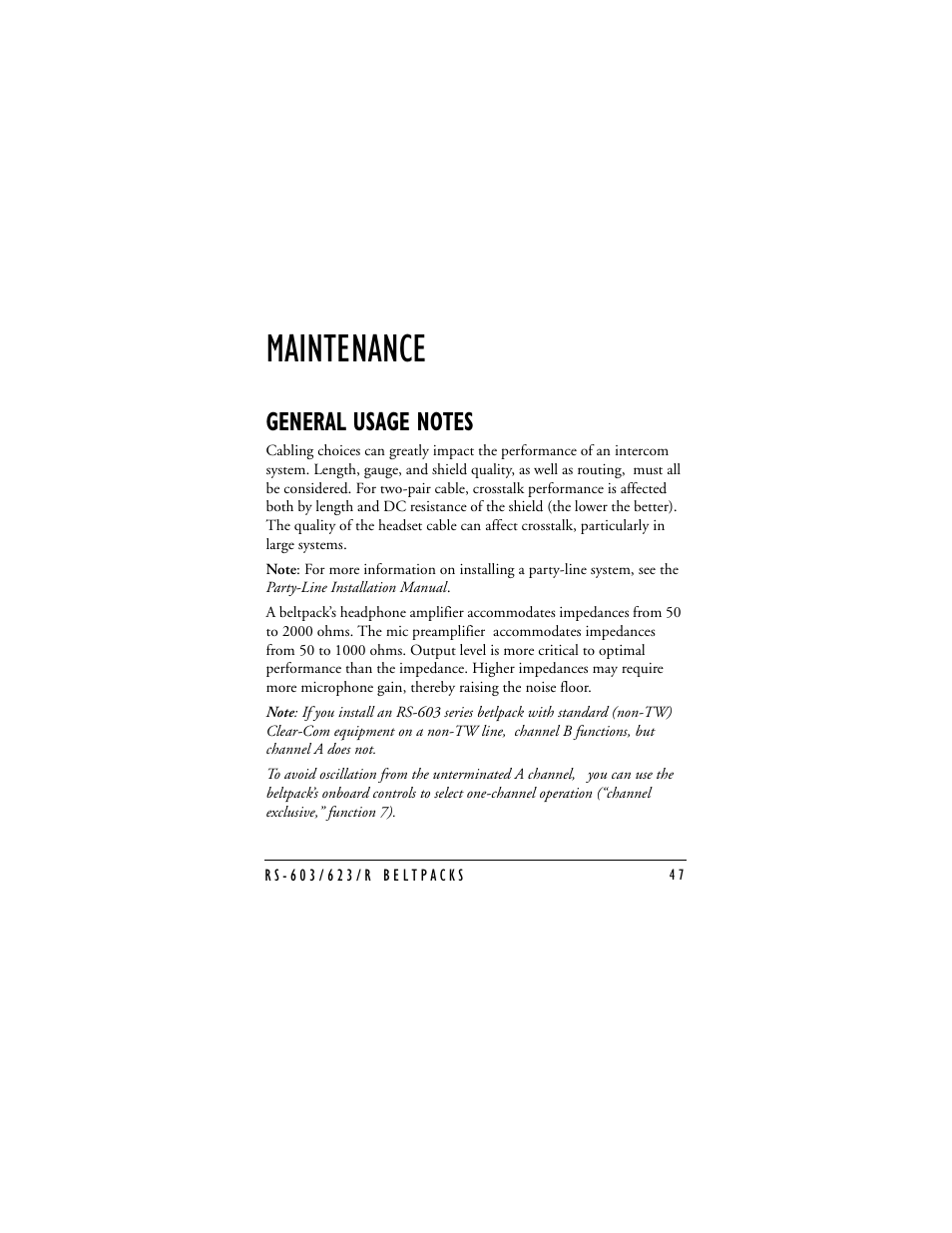 Maintenance | Clear-Com RS-603 (No longer available) User Manual | Page 49 / 58