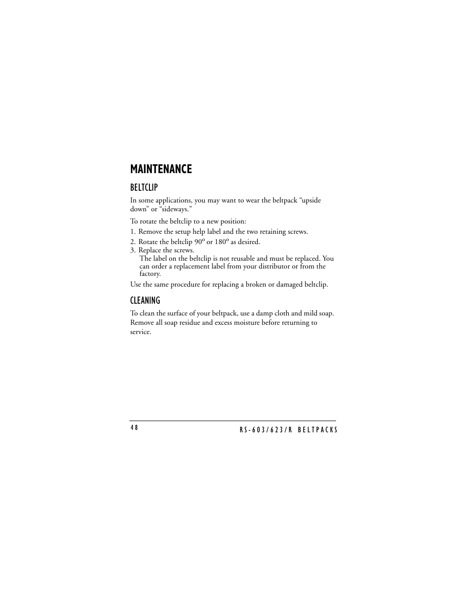 Maintenance, Beltclip, Cleaning | Clear-Com RS-603 (No longer available) User Manual | Page 50 / 58