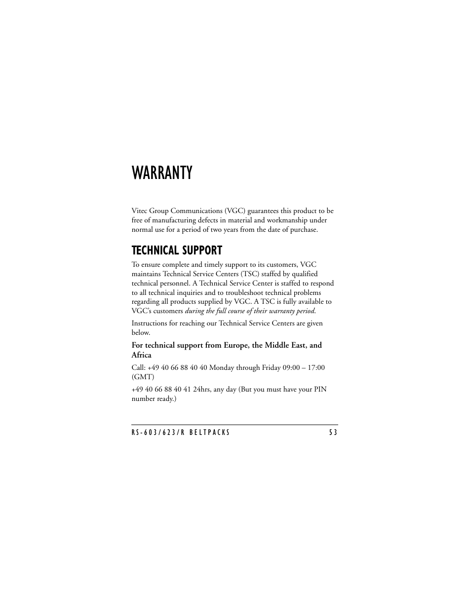 Warranty, Technical support | Clear-Com RS-603 (No longer available) User Manual | Page 53 / 58