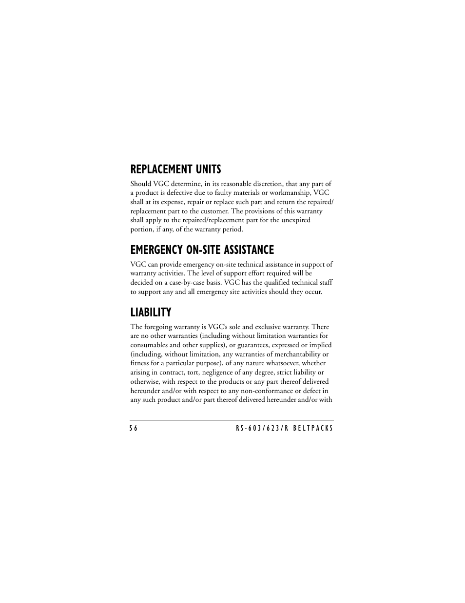 Replacement units, Emergency on-site assistance, Liability | Clear-Com RS-603 (No longer available) User Manual | Page 56 / 58