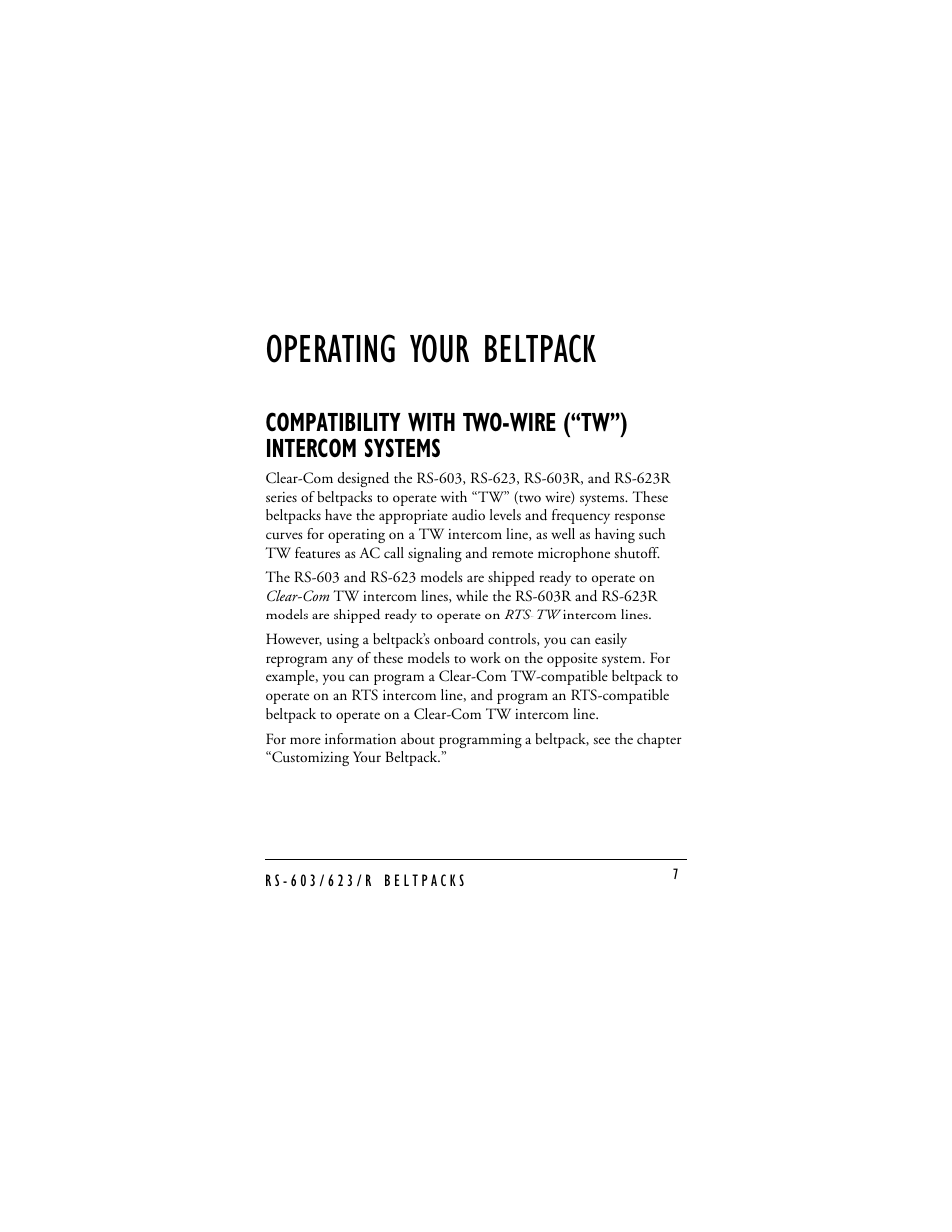 Operating your beltpack | Clear-Com RS-603 (No longer available) User Manual | Page 9 / 58