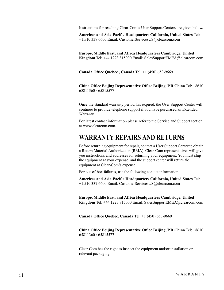 Warranty repairs and returns | Clear-Com PK-7 User Manual | Page 12 / 14