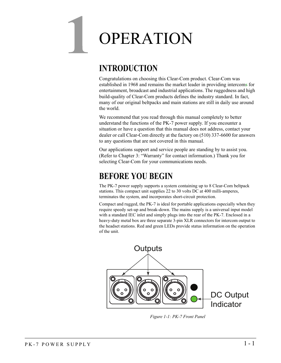 Operation, Introduction, Before you begin | Operation -1, Introduction -1 before you begin -1 | Clear-Com PK-7 User Manual | Page 7 / 14