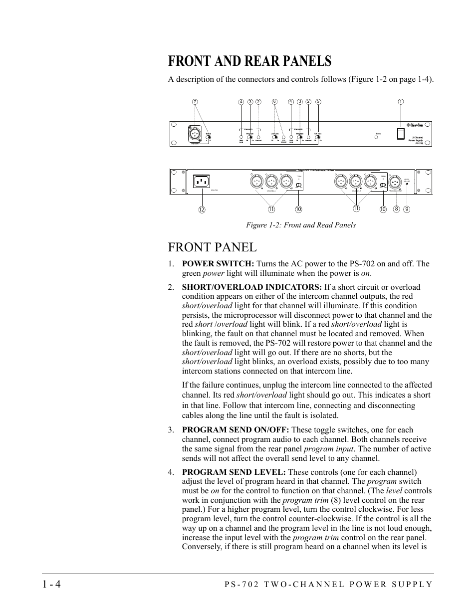 Front and rear panels, Front panel, Front and rear panels -4 | Front panel -4 | Clear-Com PS-702 User Manual | Page 10 / 28