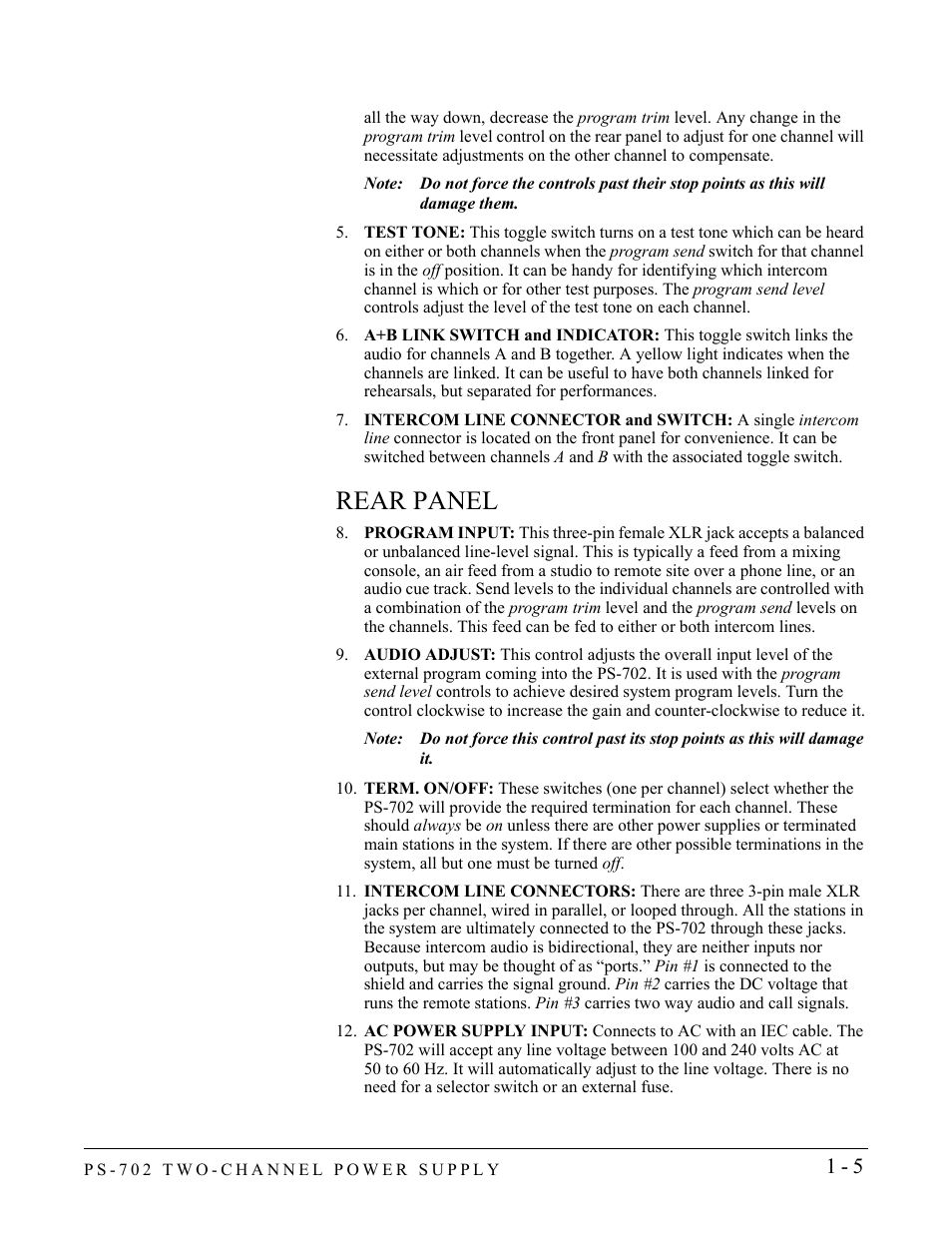 Rear panel, Rear panel -5 | Clear-Com PS-702 User Manual | Page 11 / 28