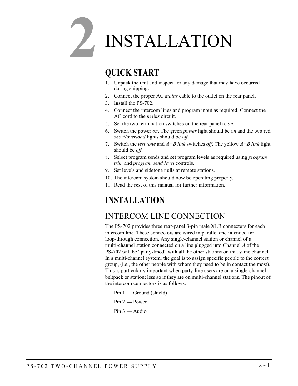 Installation, Quick start, Install the ps-702 | Set levels and sidetone nulls at remote stations, Intercom line connection, Installation -1, Quick start -1 installation -1, Intercom line connection -1 | Clear-Com PS-702 User Manual | Page 13 / 28