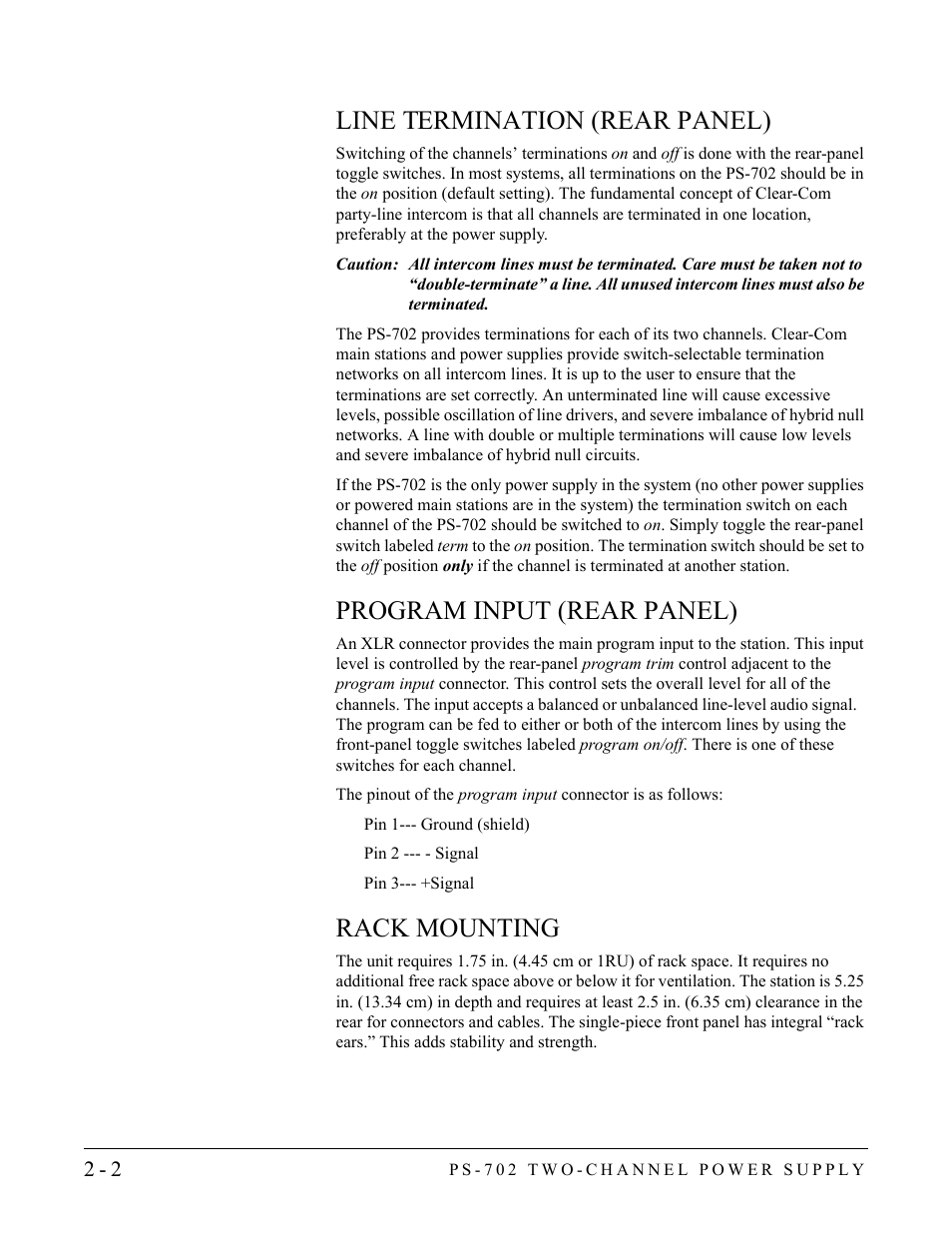 Line termination (rear panel), Program input (rear panel), Rack mounting | Clear-Com PS-702 User Manual | Page 14 / 28