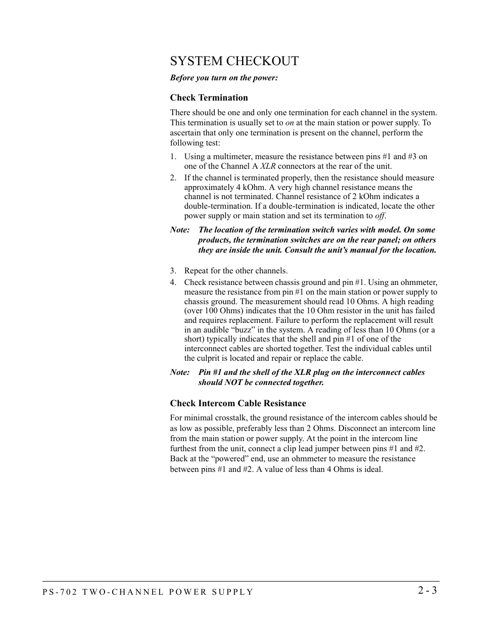 System checkout, Check termination, Repeat for the other channels | Check intercom cable resistance, System checkout -3 | Clear-Com PS-702 User Manual | Page 15 / 28