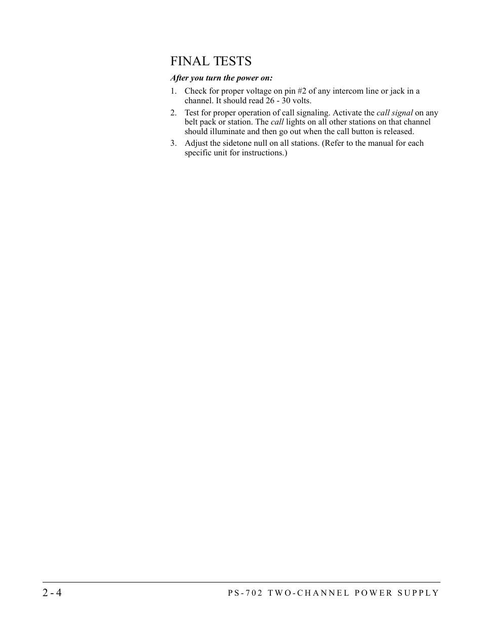 Final tests, Final tests -4 | Clear-Com PS-702 User Manual | Page 16 / 28