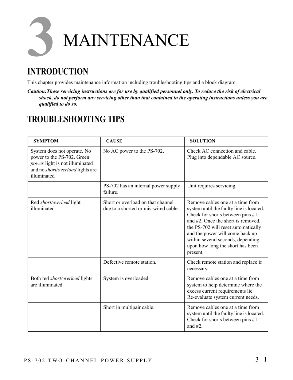 Maintenance, Introduction, Troubleshooting tips | Maintenance -1, Introduction -1 troubleshooting tips -1 | Clear-Com PS-702 User Manual | Page 17 / 28