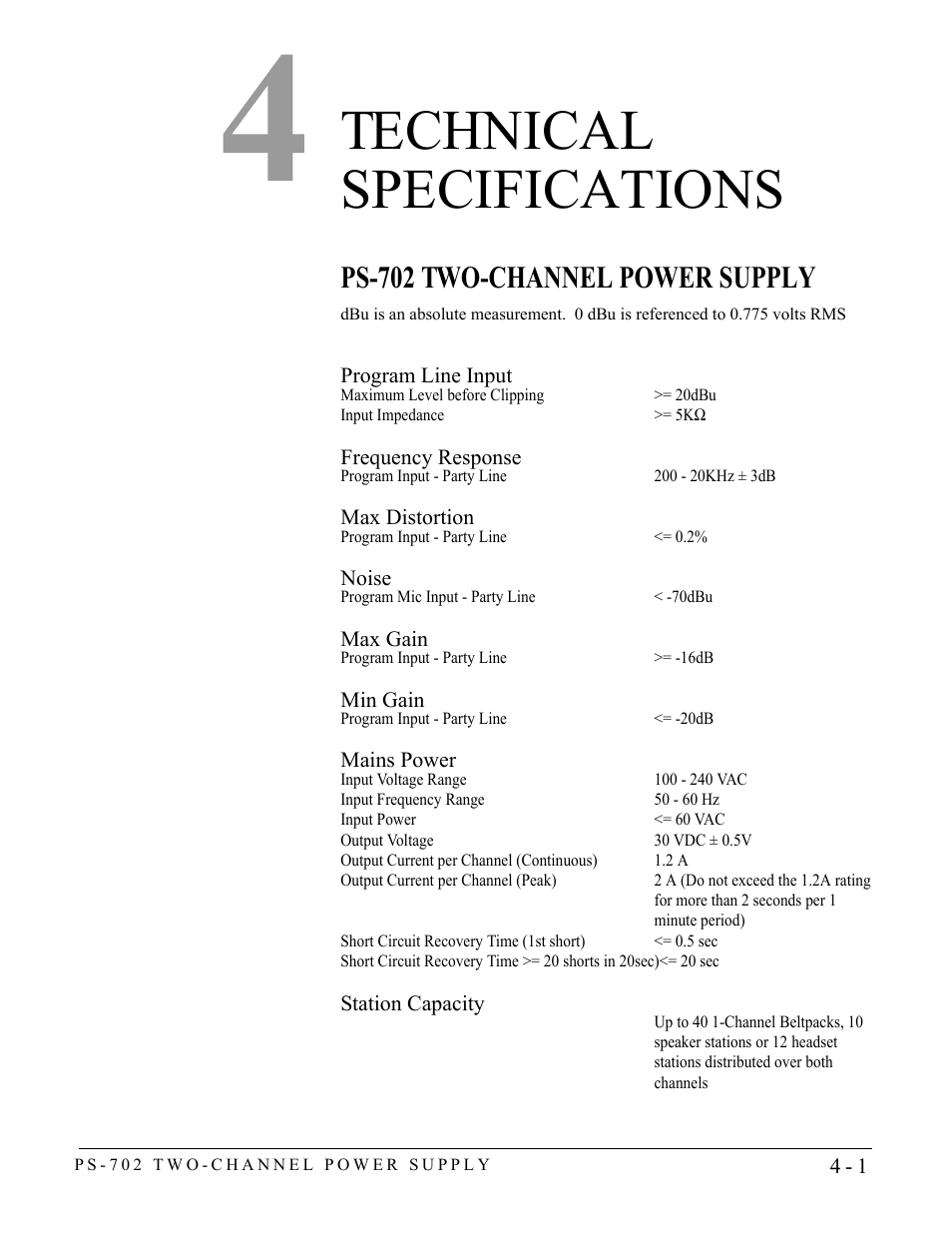 Technical specifications, Ps-702 two-channel power supply, Technical specifications -1 | Ps-702 two-channel power supply -1 | Clear-Com PS-702 User Manual | Page 21 / 28