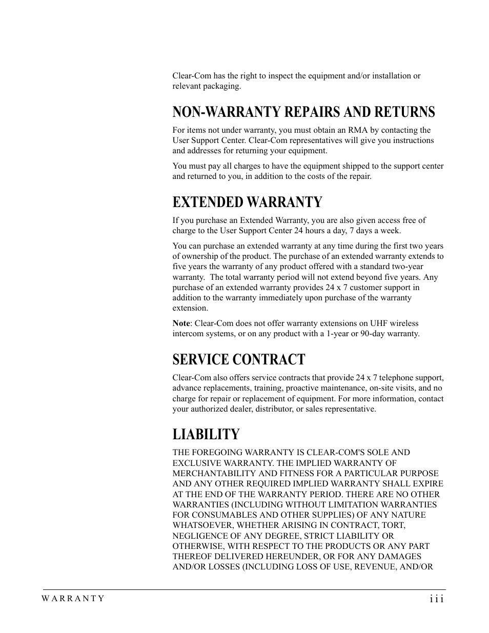 Non-warranty repairs and returns, Extended warranty, Service contract | Liability | Clear-Com PS-702 User Manual | Page 27 / 28