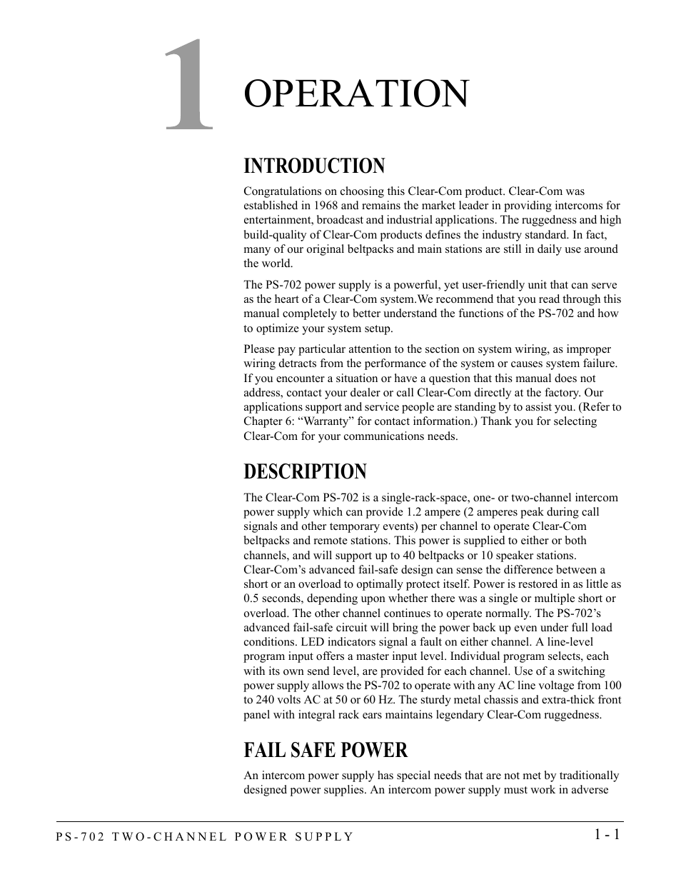 Operation, Introduction, Description | Fail safe power, Operation -1, Introduction -1 description -1 fail safe power -1 | Clear-Com PS-702 User Manual | Page 7 / 28