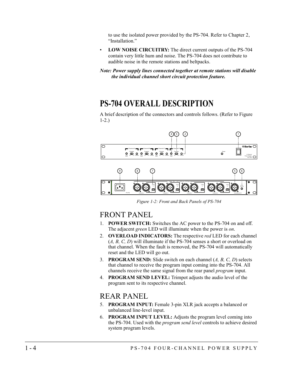 Ps-704 overall description, Front panel, Rear panel | Ps-704 overall description -4, Front panel -4 rear panel -4 | Clear-Com PS-704 User Manual | Page 10 / 34