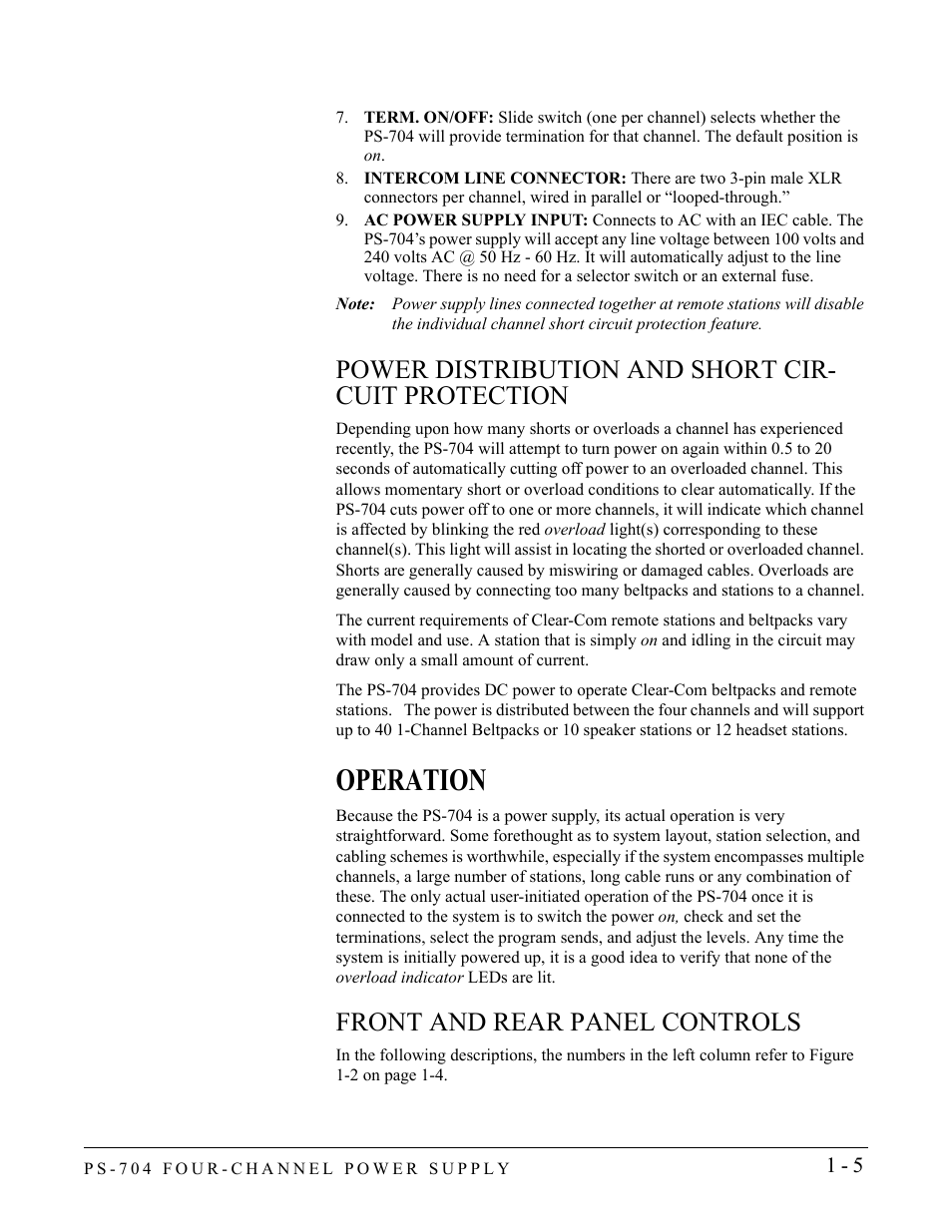 Power distribution and short circuit protection, Operation, Front and rear panel controls | Power distribution and short circuit protection -5, Operation -5, Front and rear panel controls -5, Power distribution and short cir- cuit protection | Clear-Com PS-704 User Manual | Page 11 / 34