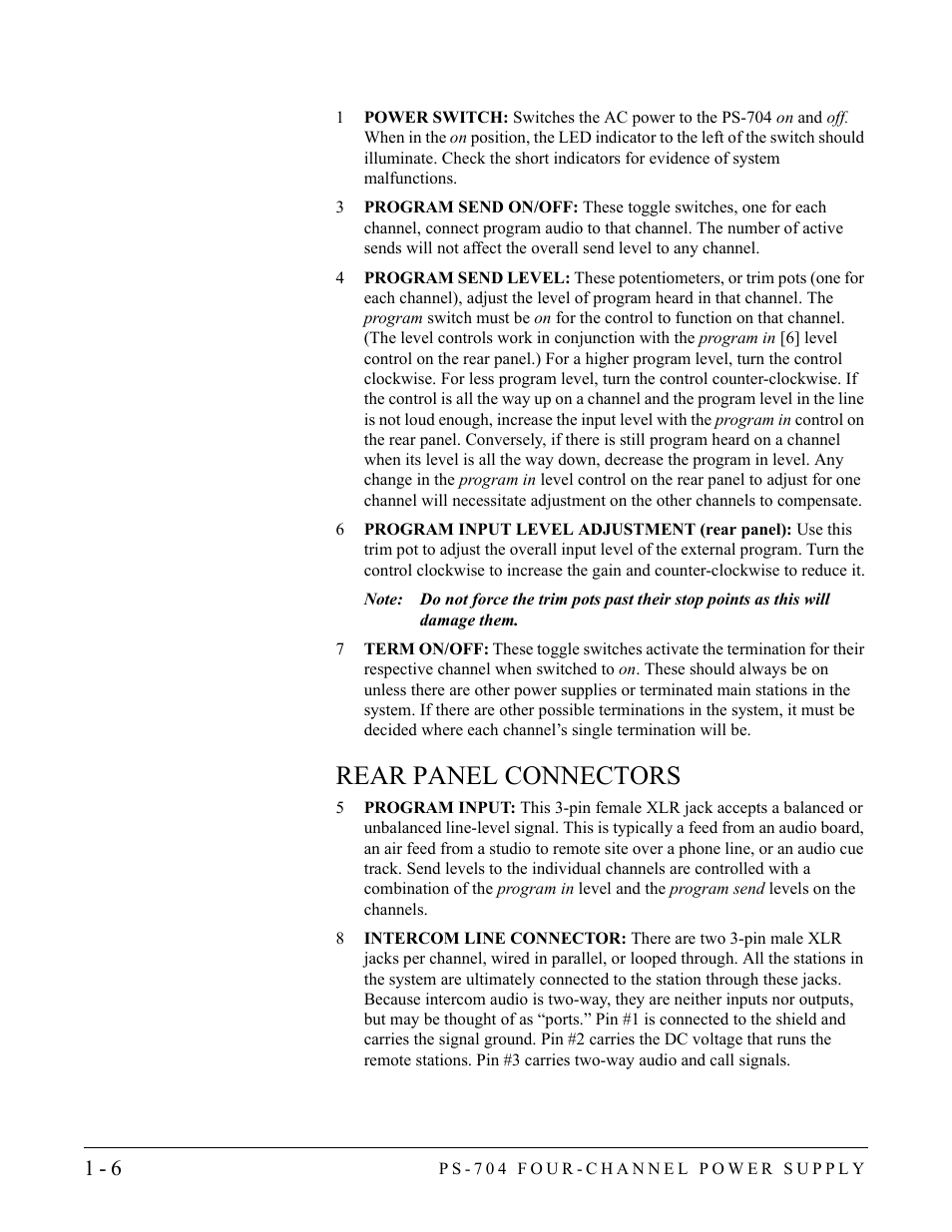 Rear panel connectors, Rear panel connectors -6 | Clear-Com PS-704 User Manual | Page 12 / 34