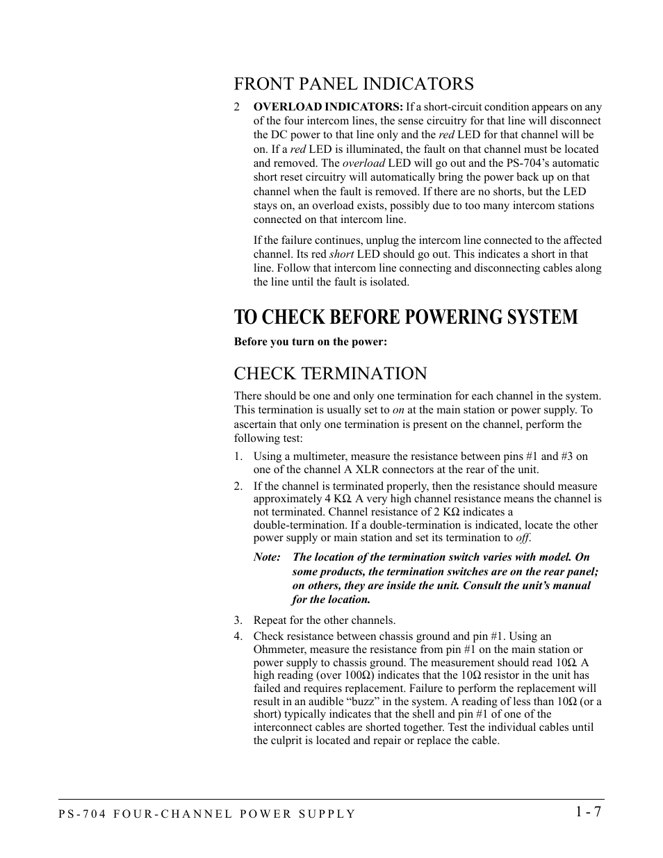 Front panel indicators, To check before powering system, Check termination | Repeat for the other channels, Front panel indicators -6, To check before powering system -7, Check termination -7 | Clear-Com PS-704 User Manual | Page 13 / 34