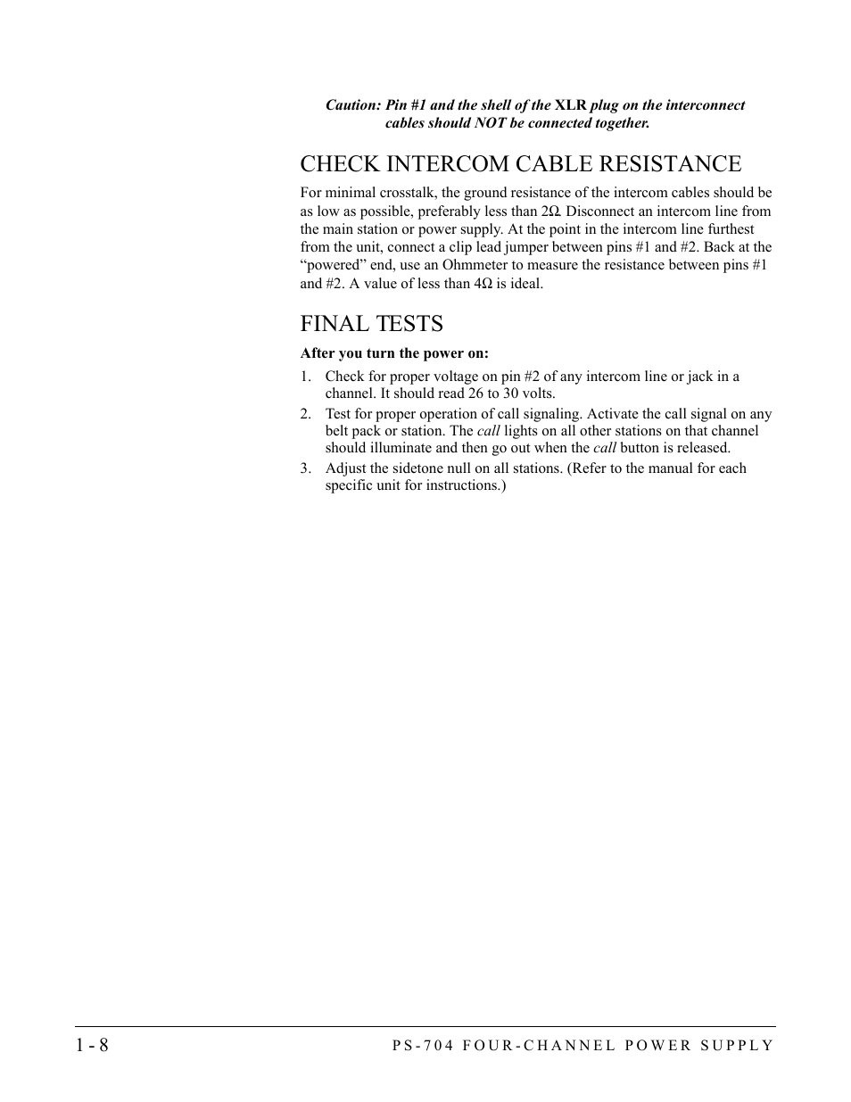 Check intercom cable resistance, Final tests, Check intercom cable resistance -7 final tests -7 | Clear-Com PS-704 User Manual | Page 14 / 34