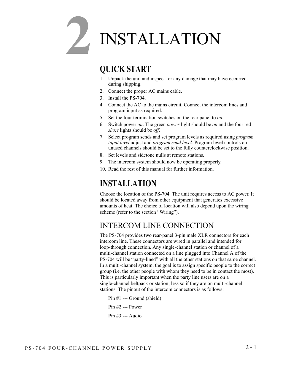 Installation, Quick start, Connect the proper ac mains cable | Install the ps-704, Set levels and sidetone nulls at remote stations, Intercom line connection, Installation -1, Quick start -1 installation -1, Intercom line connection -1 | Clear-Com PS-704 User Manual | Page 15 / 34