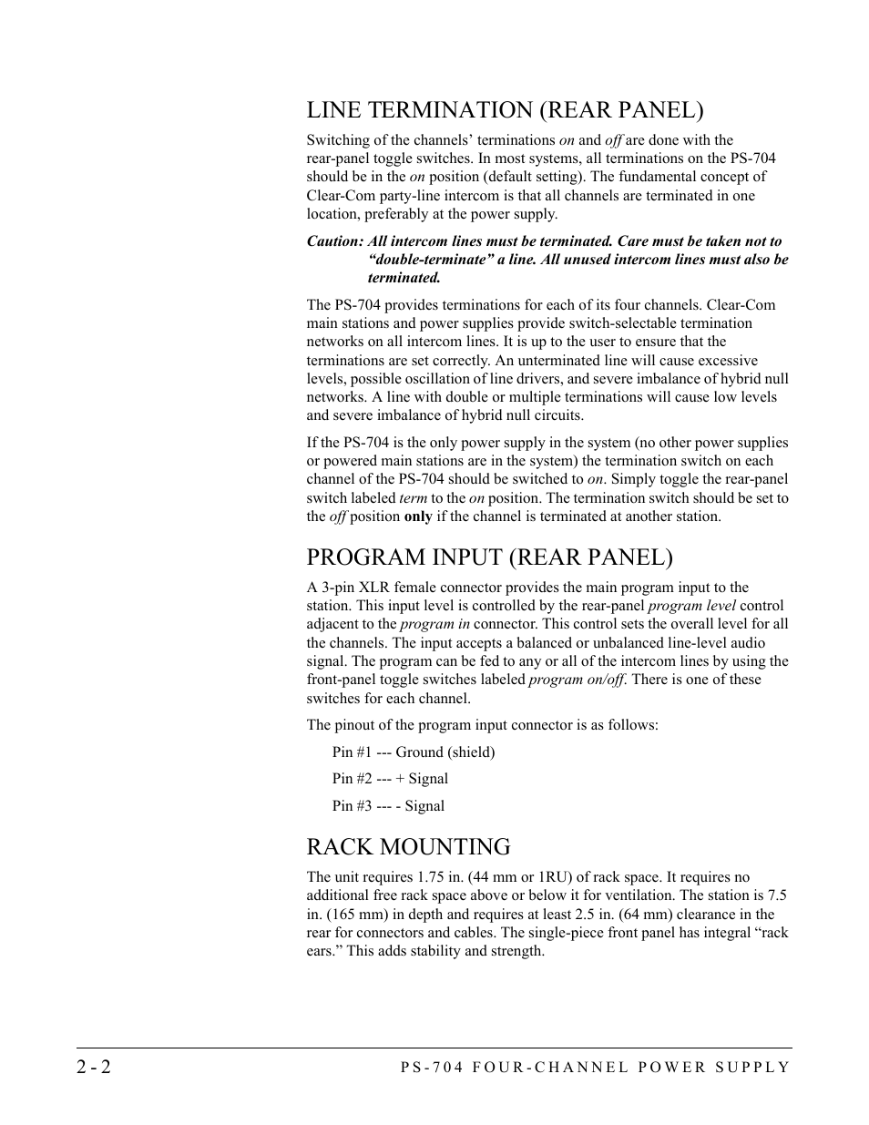 Line termination (rear panel), Program input (rear panel), Rack mounting | Clear-Com PS-704 User Manual | Page 16 / 34