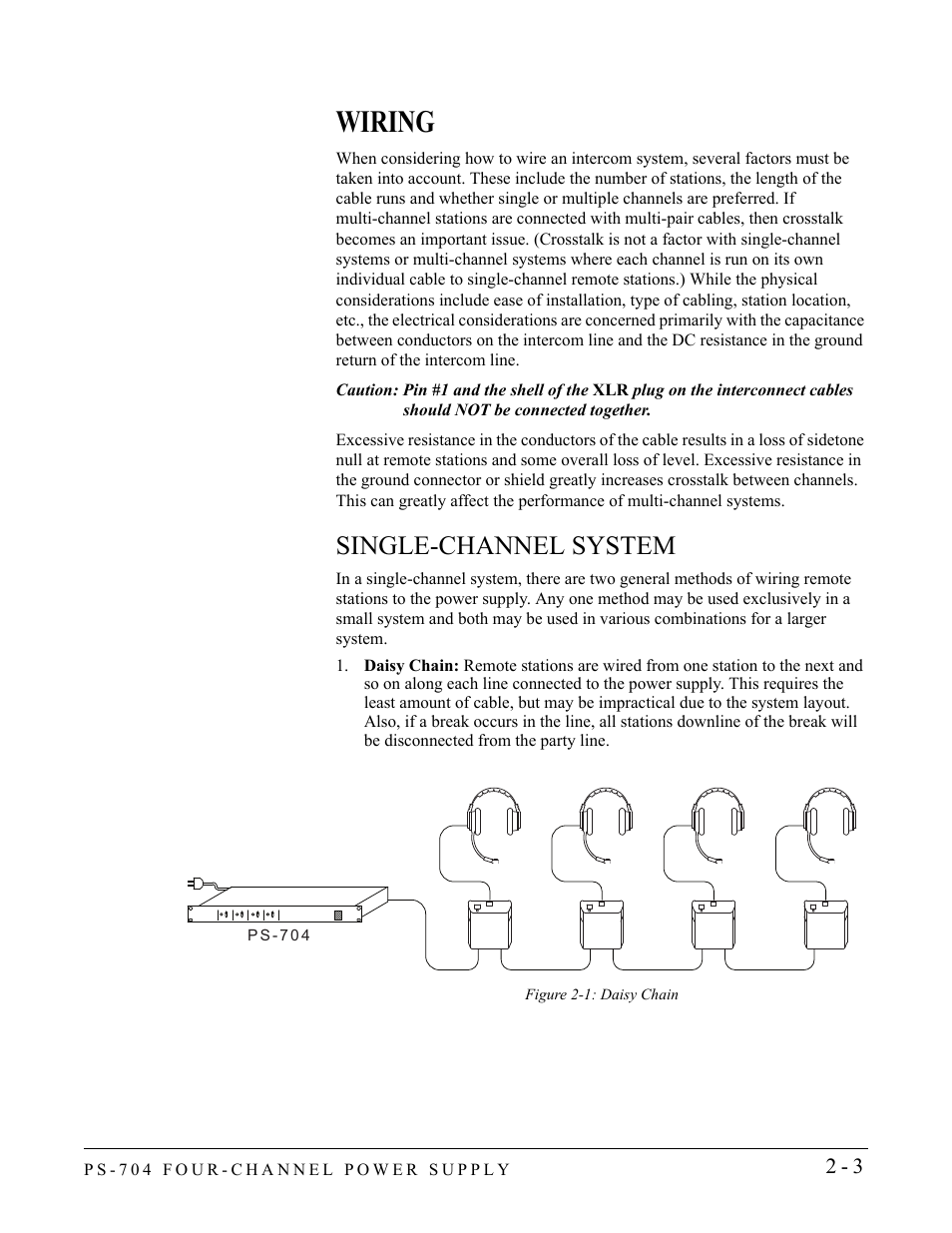 Wiring, Single-channel system, Wiring -3 | Single-channel system -3 | Clear-Com PS-704 User Manual | Page 17 / 34