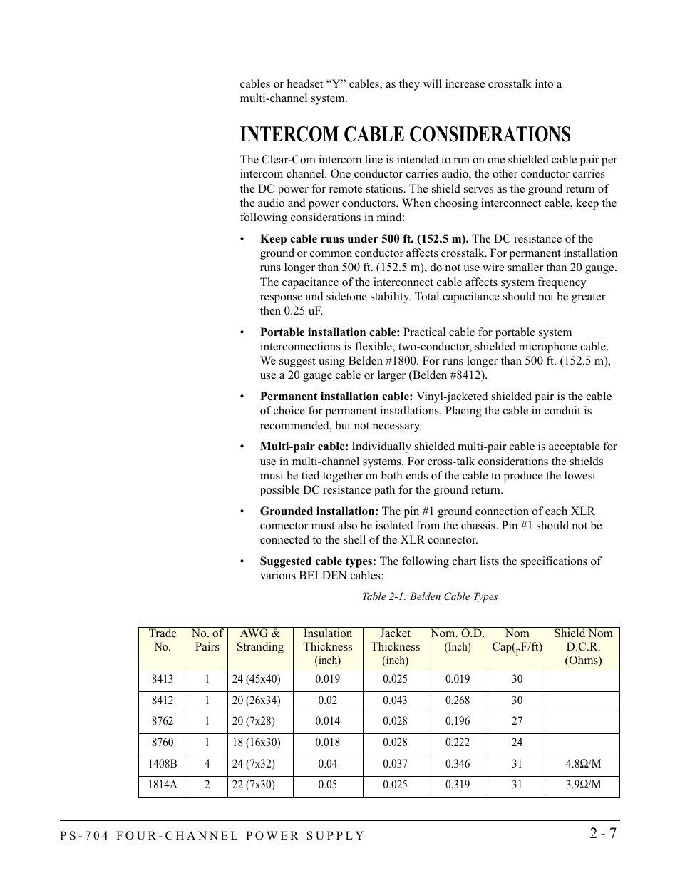 Intercom cable considerations, Intercom cable considerations -7 | Clear-Com PS-704 User Manual | Page 21 / 34