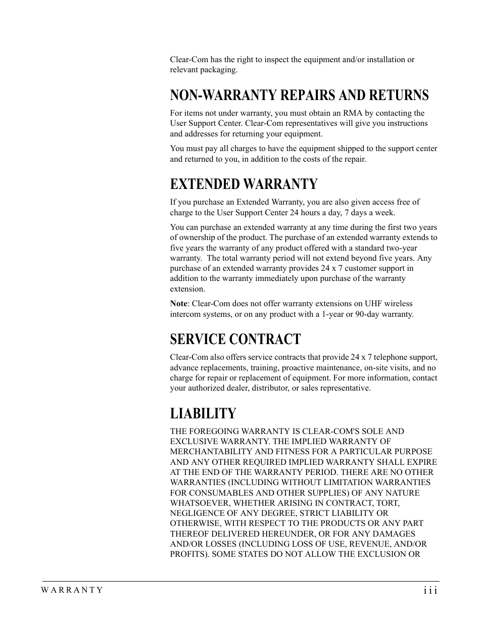 Non-warranty repairs and returns, Extended warranty, Service contract | Liability | Clear-Com PS-704 User Manual | Page 33 / 34