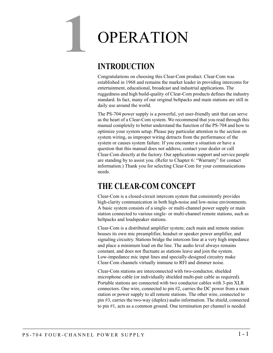 Operation, Introduction, The clear-com concept | Operation -1, Introduction -1 the clear-com concept -1 | Clear-Com PS-704 User Manual | Page 7 / 34