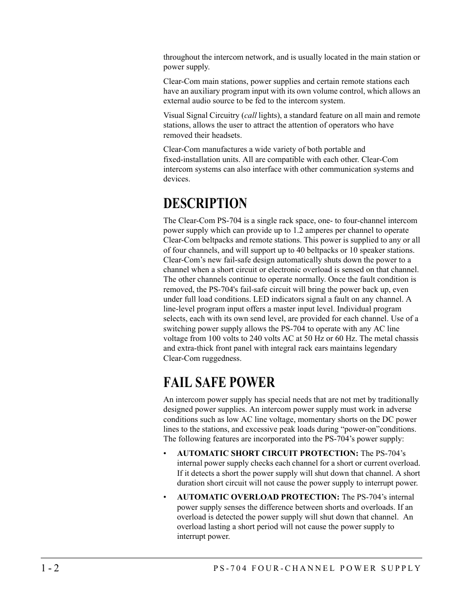 Description, Fail safe power, Description -2 fail safe power -2 | Clear-Com PS-704 User Manual | Page 8 / 34