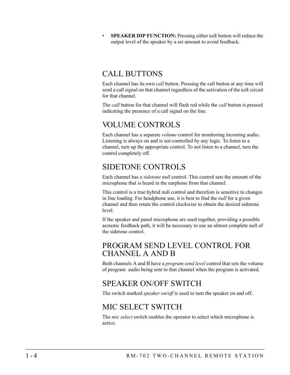 Call buttons, Volume controls, Sidetone controls | Program send level control for channel a and b, Speaker on/off switch, Mic select switch | Clear-Com RM-702 User Manual | Page 10 / 42