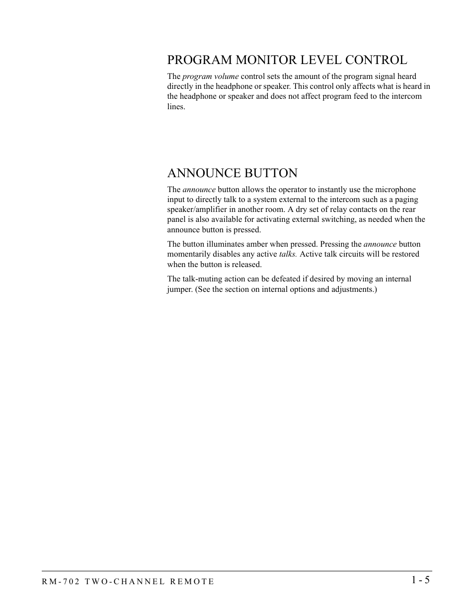 Program monitor level control, Announce button | Clear-Com RM-702 User Manual | Page 11 / 42