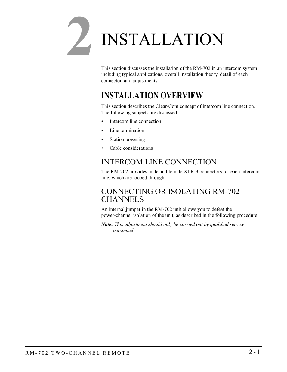 Installation, Installation overview, Intercom line connection | Connecting or isolating rm-702 channels, Installation -1, Installation overview -1 | Clear-Com RM-702 User Manual | Page 13 / 42