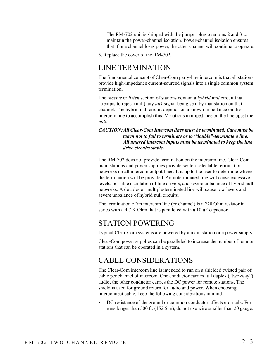 Line termination, Station powering, Cable considerations | Clear-Com RM-702 User Manual | Page 15 / 42