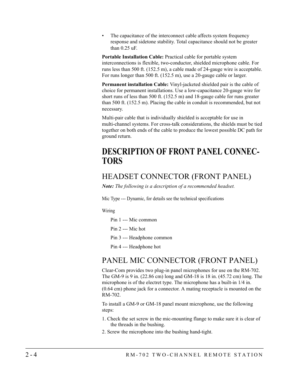 Description of front panel connectors, Headset connector (front panel), Panel mic connector (front panel) | Description of front panel connectors -4, Description of front panel connec- tors | Clear-Com RM-702 User Manual | Page 16 / 42