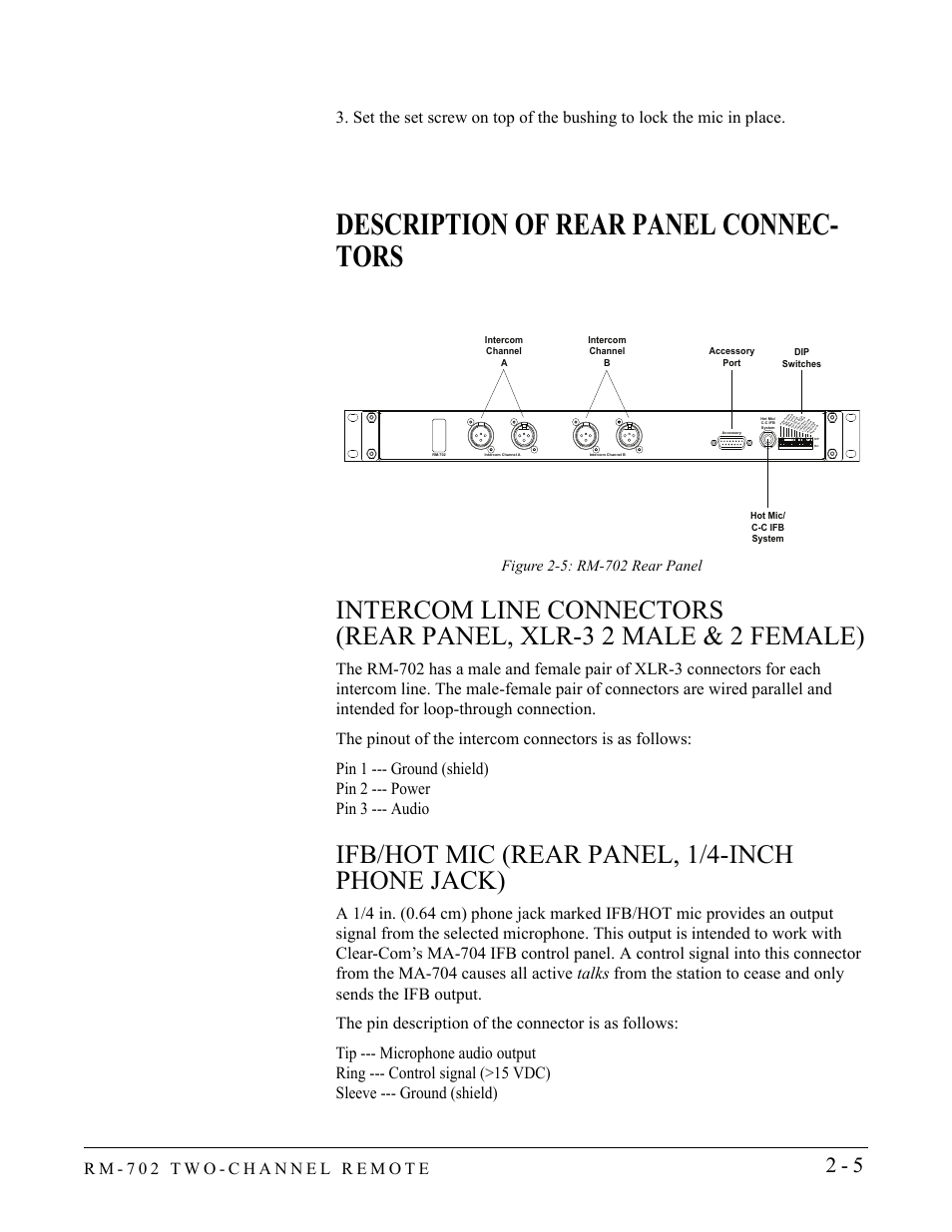 Description of rear panel connectors, Ifb/hot mic (rear panel, 1/4-inch phone jack), Description of rear panel connectors -5 | Intercom line connectors, Rear panel, xlr-3 2 male & 2 female) -5, Ifb/hot mic (rear panel, 1/4-inch phone jack) -5, Description of rear panel connec- tors | Clear-Com RM-702 User Manual | Page 17 / 42