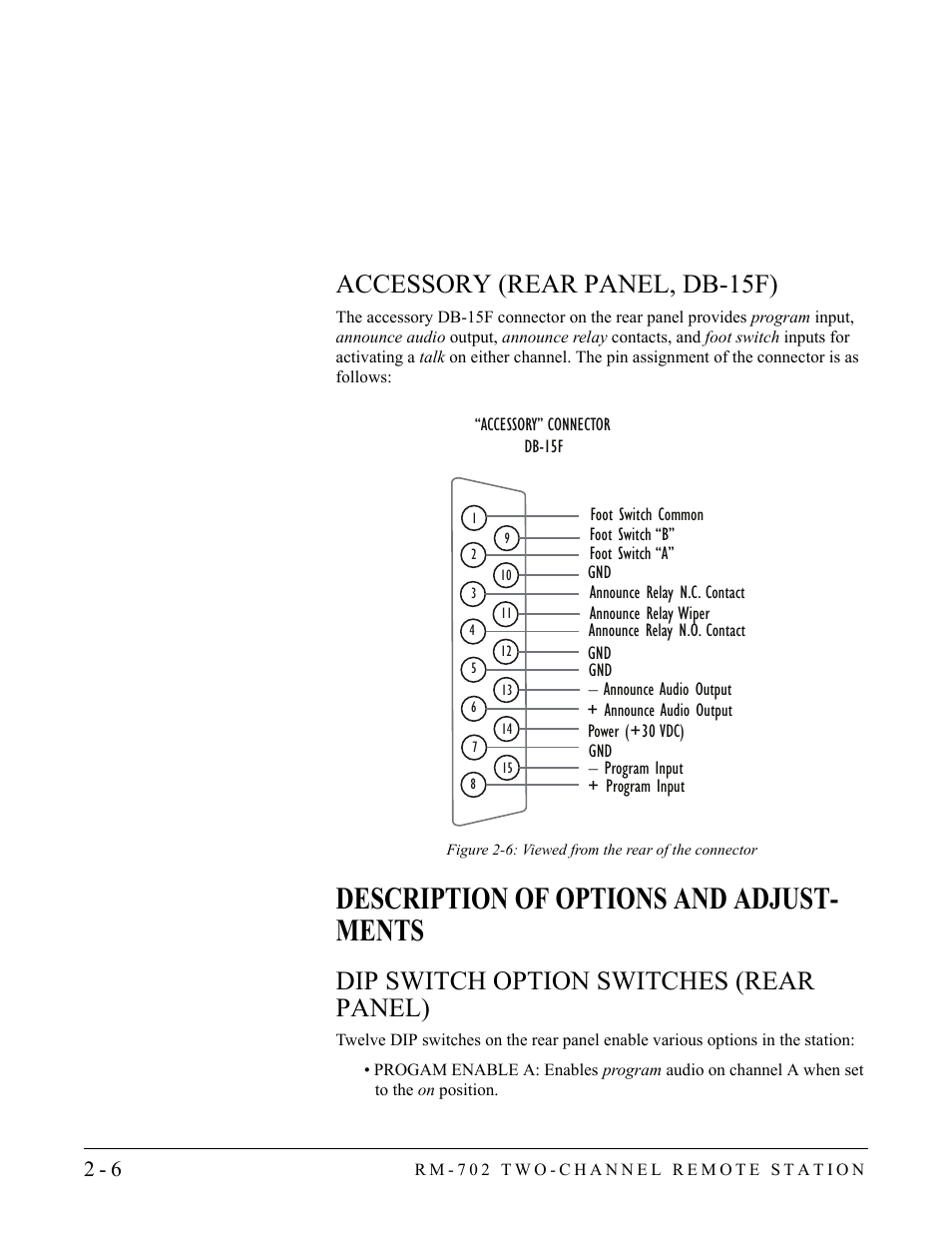 Accessory (rear panel, db-15f), Description of options and adjustments, Dip switch option switches (rear panel) | Accessory (rear panel, db-15f) -6, Description of options and adjustments -6, Dip switch option switches (rear panel) -6, Description of options and adjust- ments | Clear-Com RM-702 User Manual | Page 18 / 42