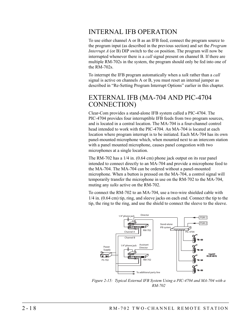 Internal ifb operation, External ifb (ma-704 and pic-4704 connection) | Clear-Com RM-702 User Manual | Page 30 / 42