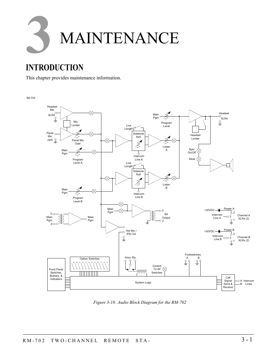 Maintenance, Introduction, Maintenance -1 | Introduction -1, This chapter provides maintenance information | Clear-Com RM-702 User Manual | Page 33 / 42