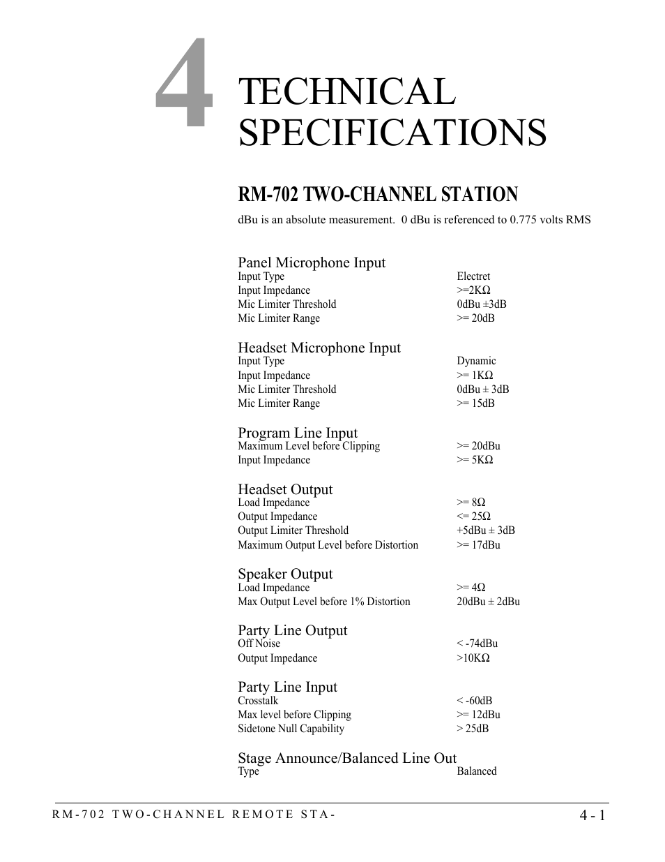 Technical specifications, Rm-702 two-channel station, Technical specifications -1 | Rm-702 two-channel station -1 | Clear-Com RM-702 User Manual | Page 35 / 42