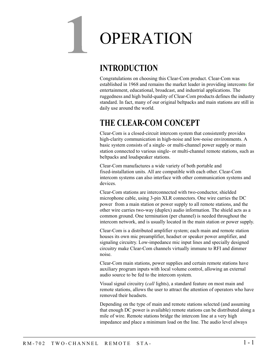 Operation, Introduction, The clear-com concept | Operation -1, Introduction -1 the clear-com concept -1 | Clear-Com RM-702 User Manual | Page 7 / 42