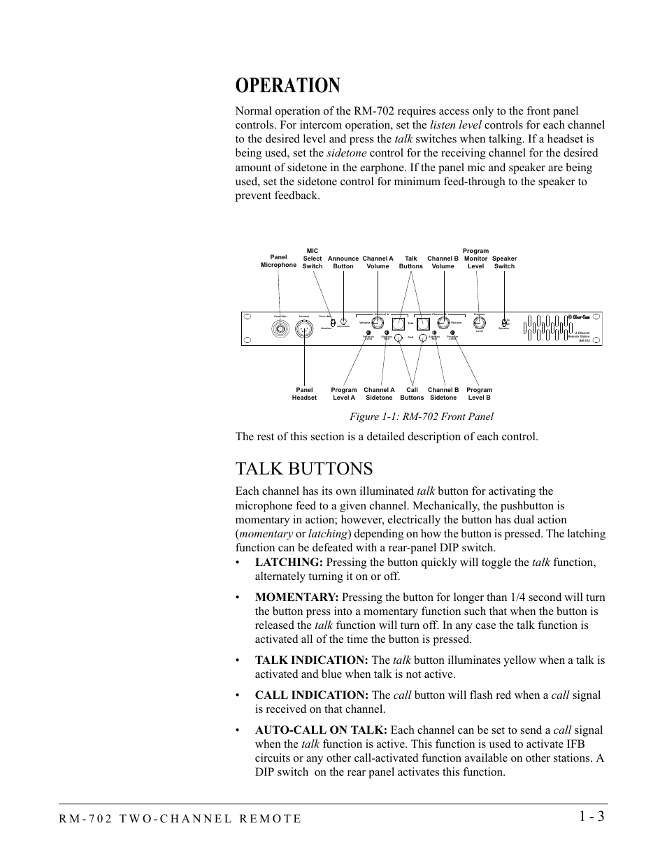 Operation, Talk buttons, Operation -2 | Talk buttons -3 | Clear-Com RM-702 User Manual | Page 9 / 42